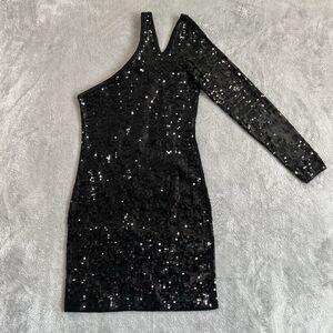 Moda International One Sleeve Fitted Sequin Dress Women's S Black Old Money‎